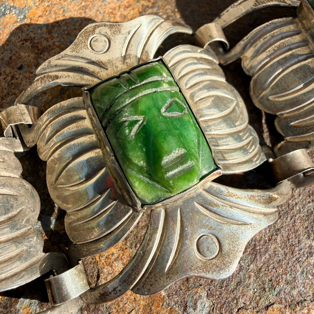 Vintage Mexican Sterling Silver & Carved Serpentine Mask Panel Bracelet