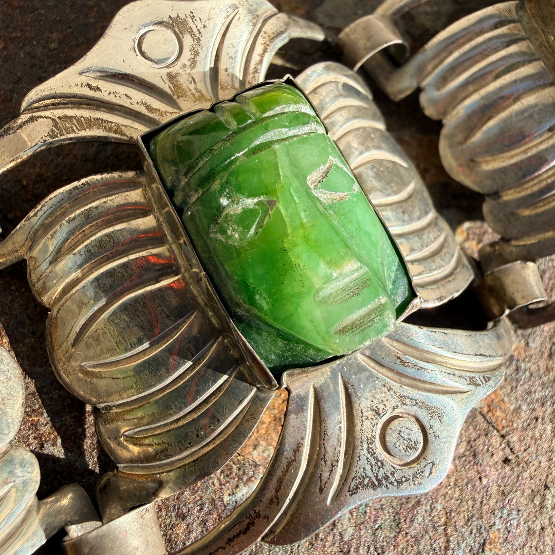 Vintage Mexican Sterling Silver & Carved Serpentine Mask Panel Bracelet