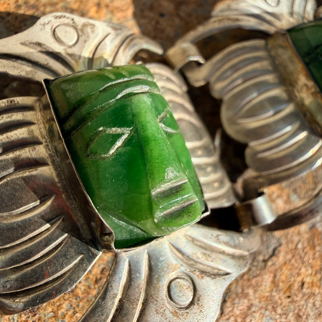 Vintage Mexican Sterling Silver & Carved Serpentine Mask Panel Bracelet