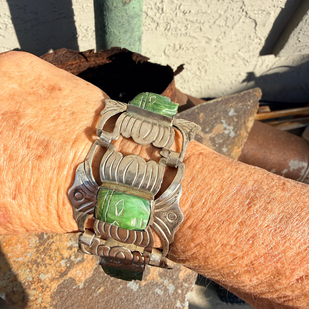 Vintage Mexican Sterling Silver & Carved Serpentine Mask Panel Bracelet