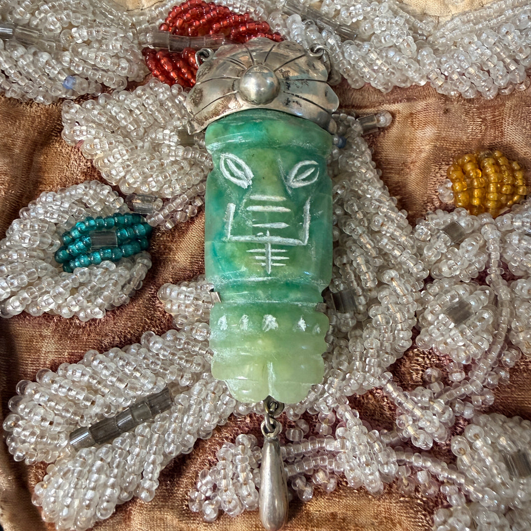 Vintage Mexican Sterling Silver & Carved Serpentine Mask Pendant