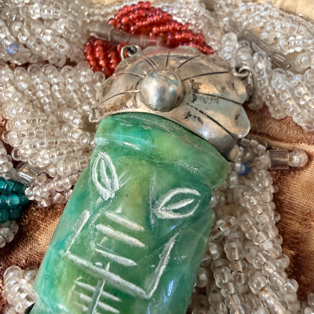 Vintage Mexican Sterling Silver & Carved Serpentine Mask Pendant