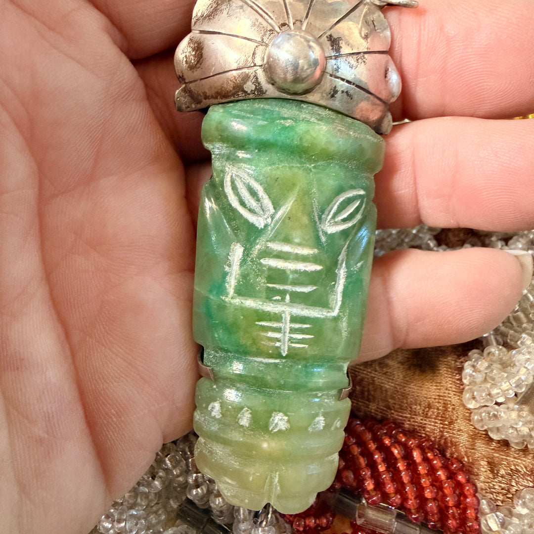 Vintage Mexican Sterling Silver & Carved Serpentine Mask Pendant