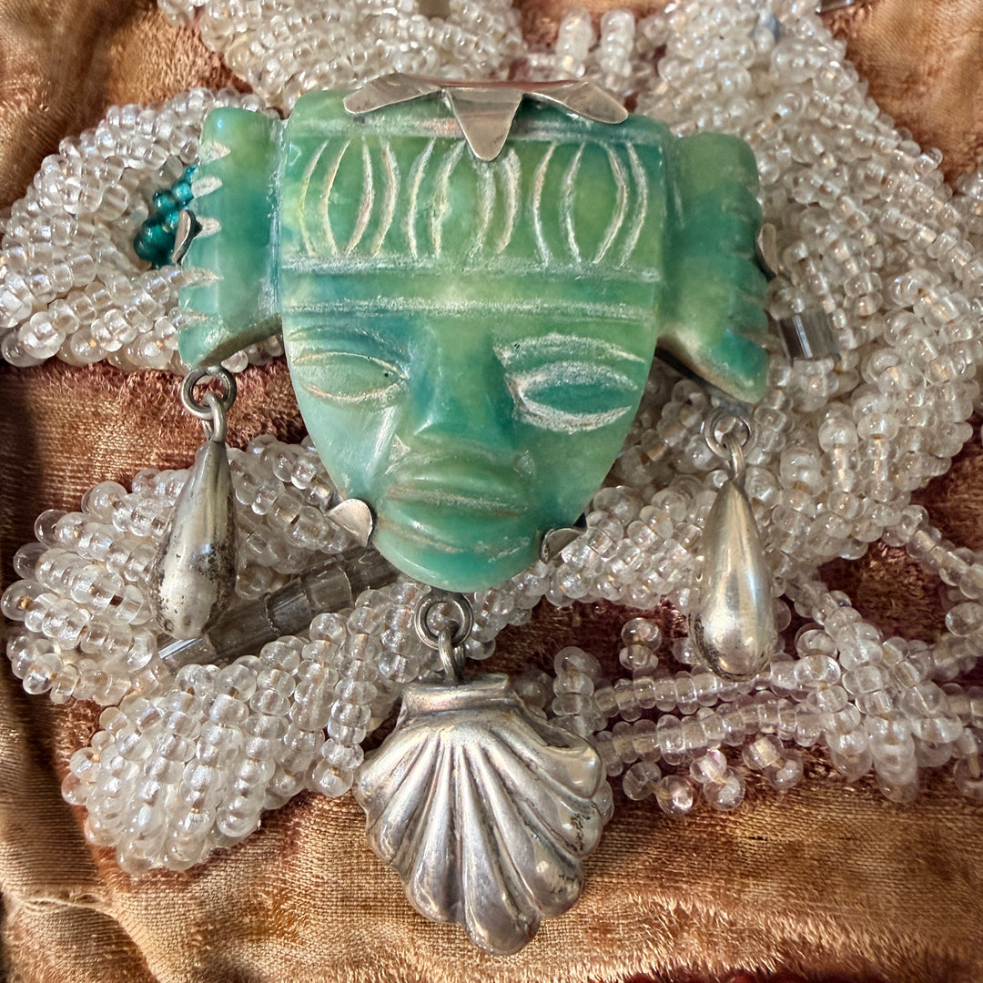 Vintage Mexican Sterling Silver & Carved Serpentine Mask Brooch Pin