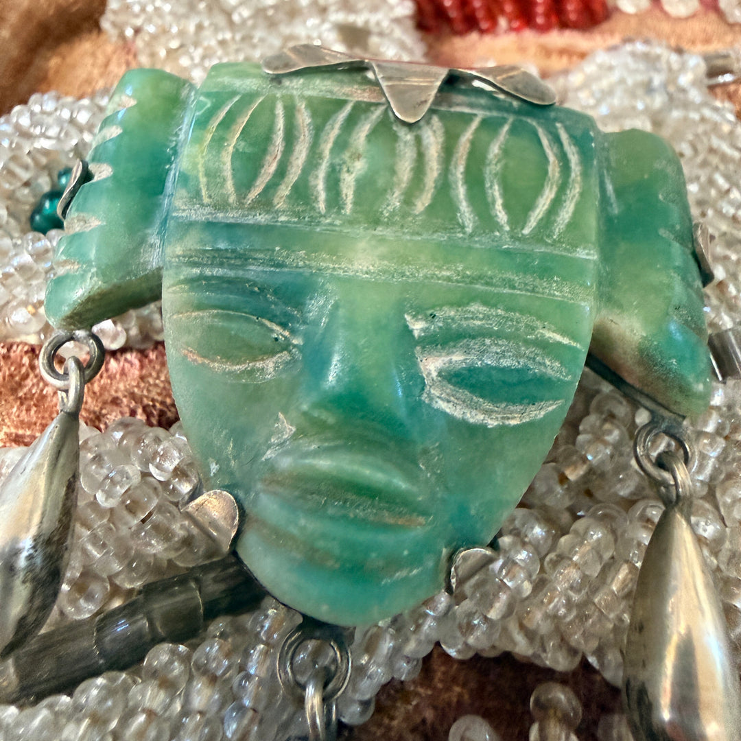 Vintage Mexican Sterling Silver & Carved Serpentine Mask Brooch Pin