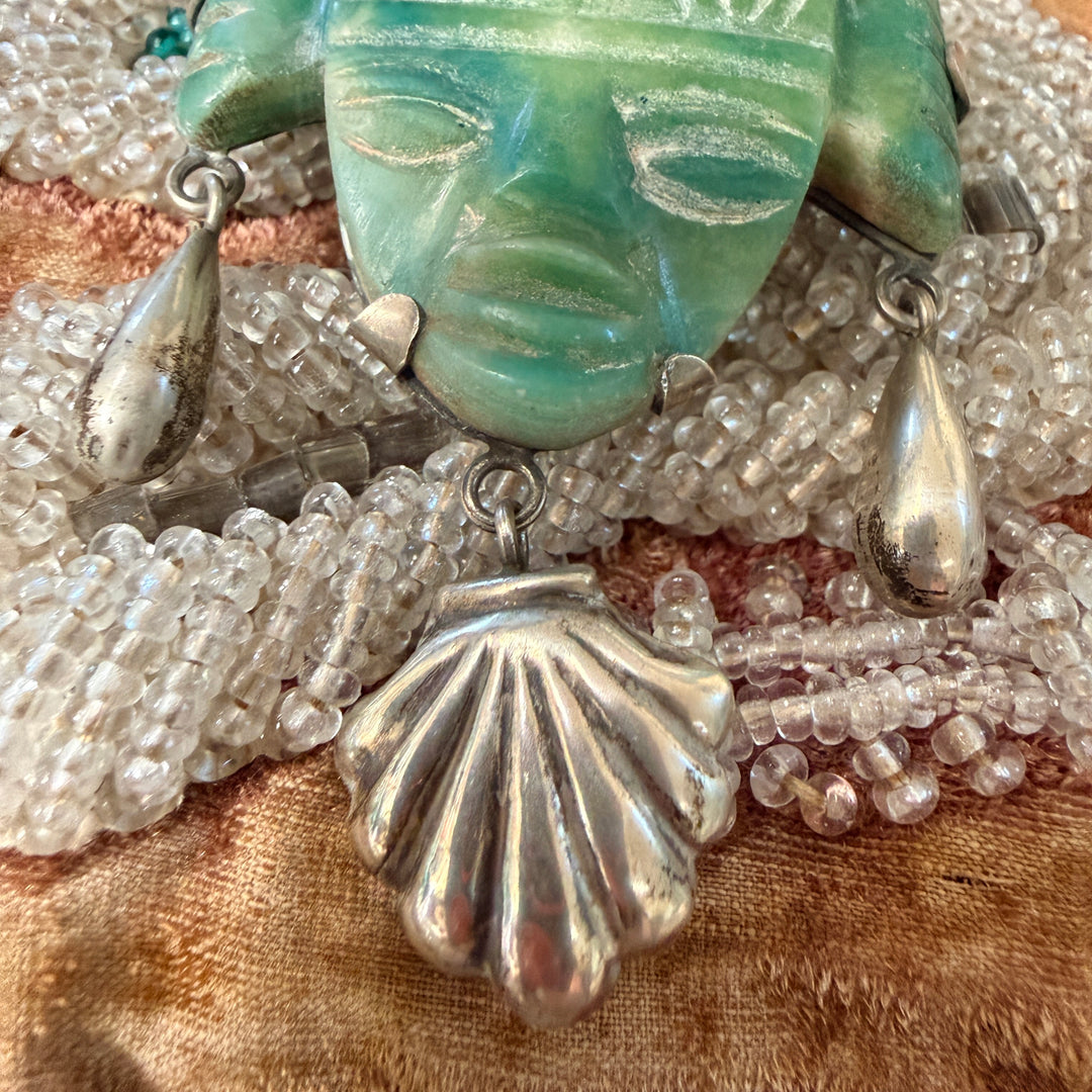 Vintage Mexican Sterling Silver & Carved Serpentine Mask Brooch Pin