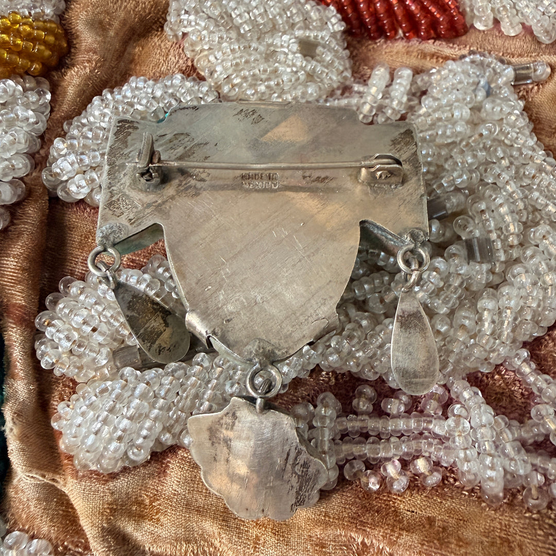 Vintage Mexican Sterling Silver & Carved Serpentine Mask Brooch Pin