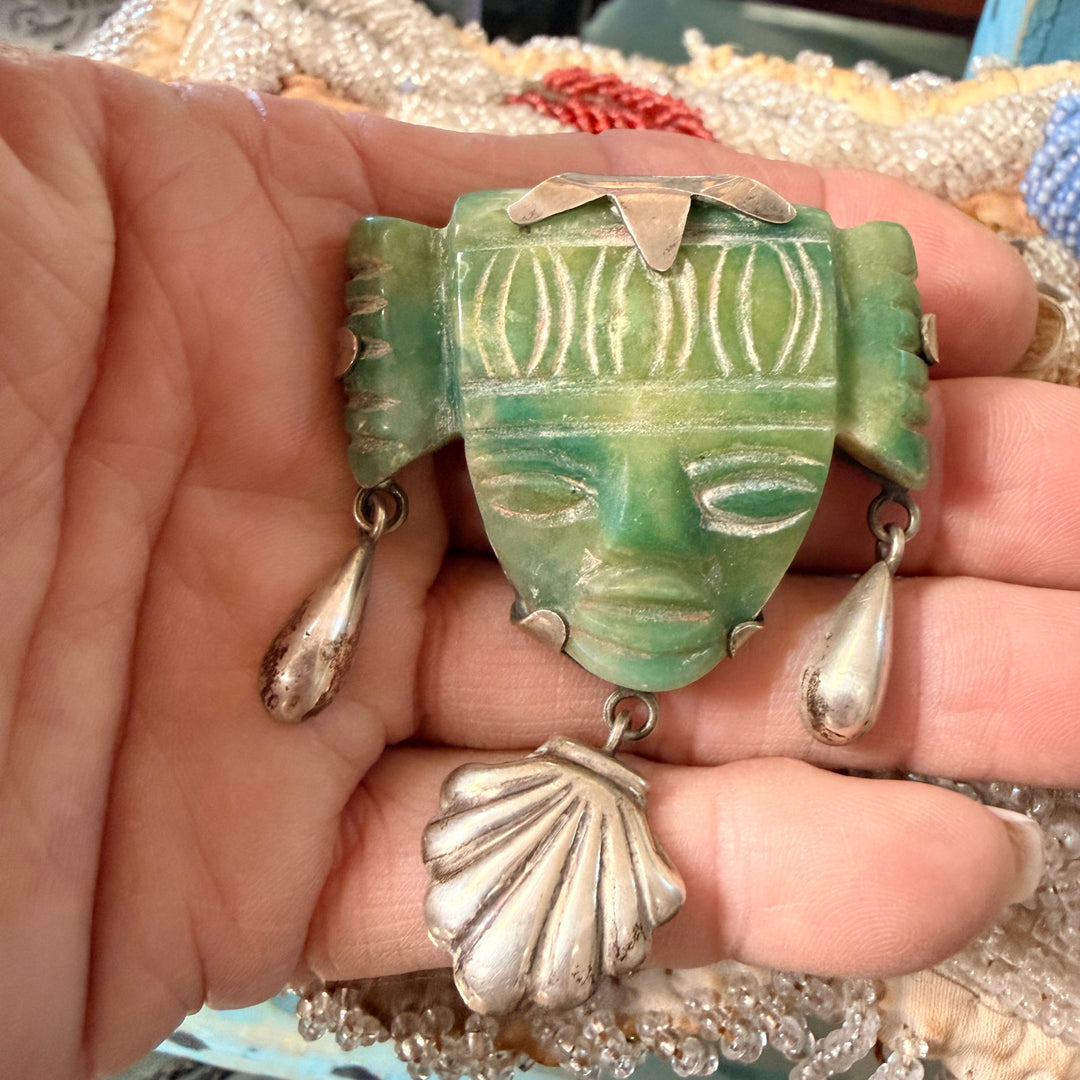 Vintage Mexican Sterling Silver & Carved Serpentine Mask Brooch Pin