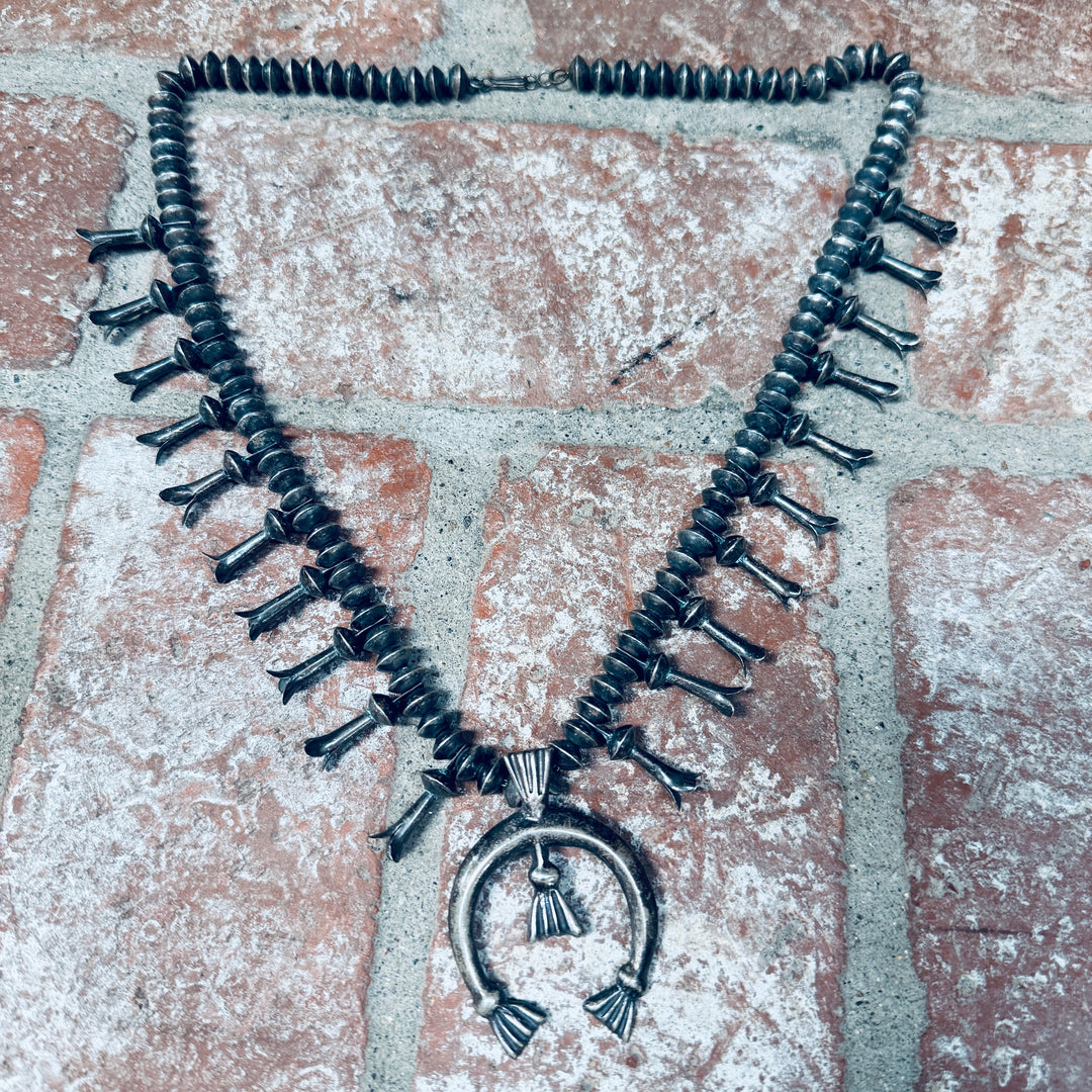 Early Navajo Sterling Silver Squash Blossom Necklace