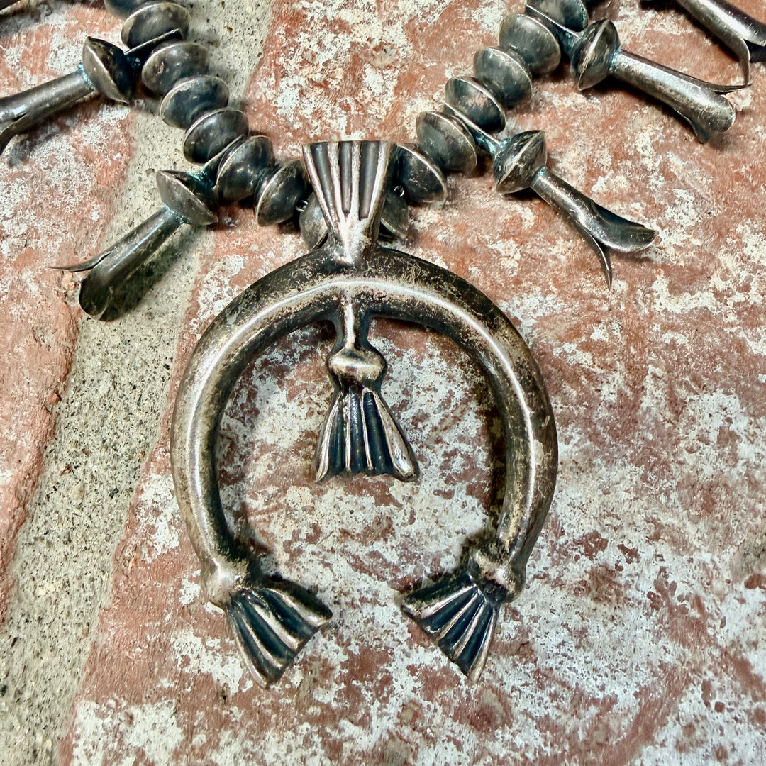 Early Navajo Sterling Silver Squash Blossom Necklace