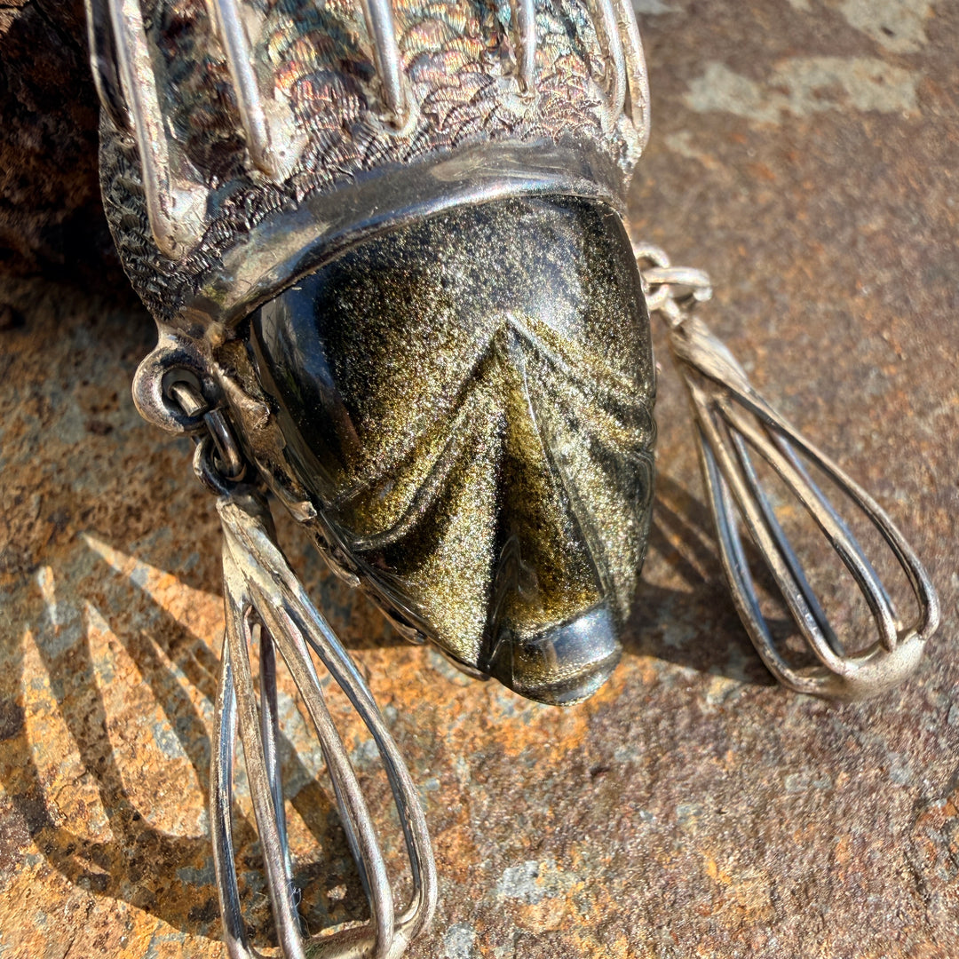 Large Mexican Sterling Silver & Sheen Obsidian Mask Pendant