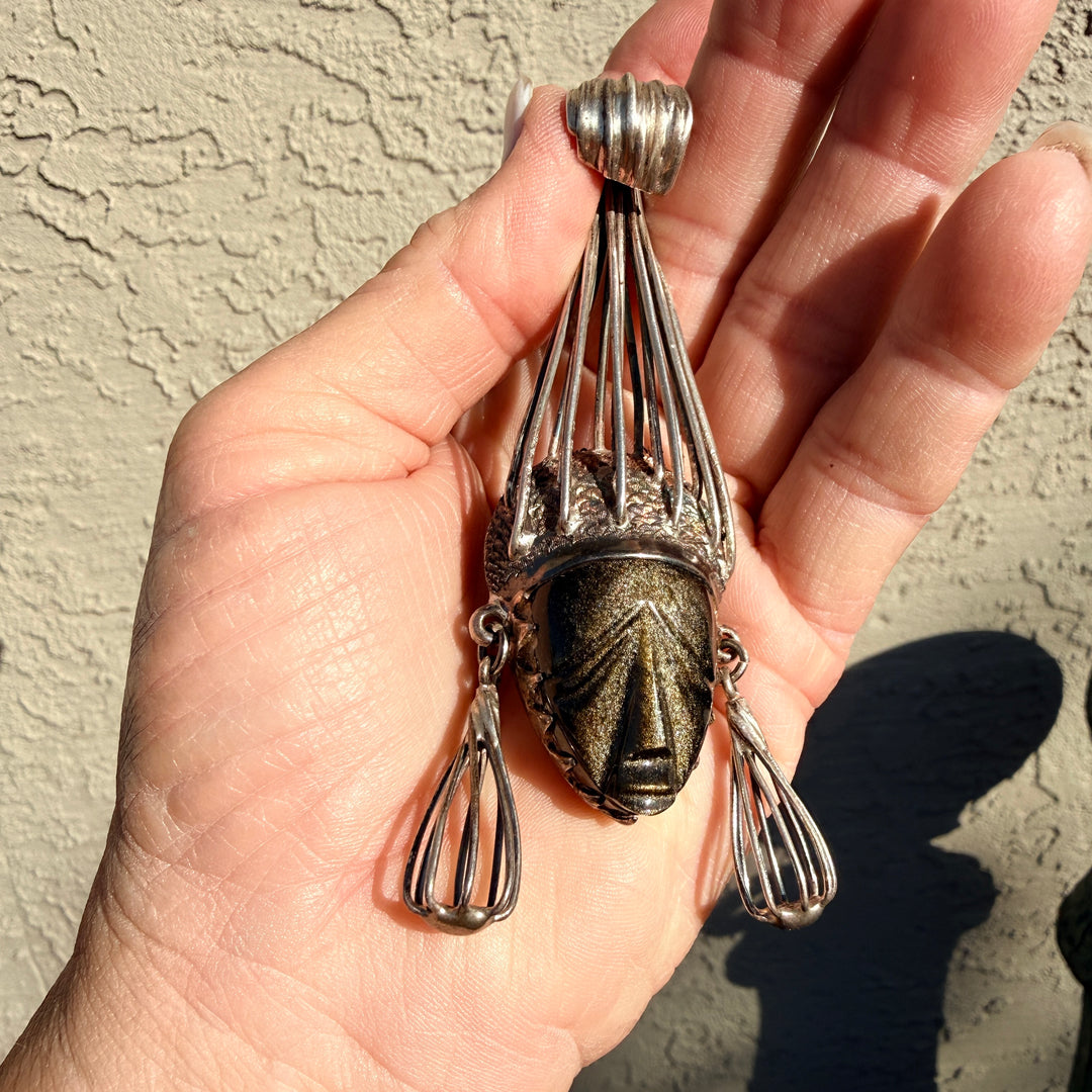 Large Mexican Sterling Silver & Sheen Obsidian Mask Pendant