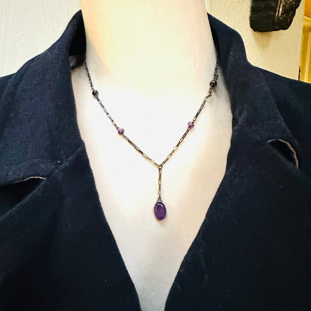 Sterling Silver Handmade Chain “Y” Necklace Dark Amethyst Beads