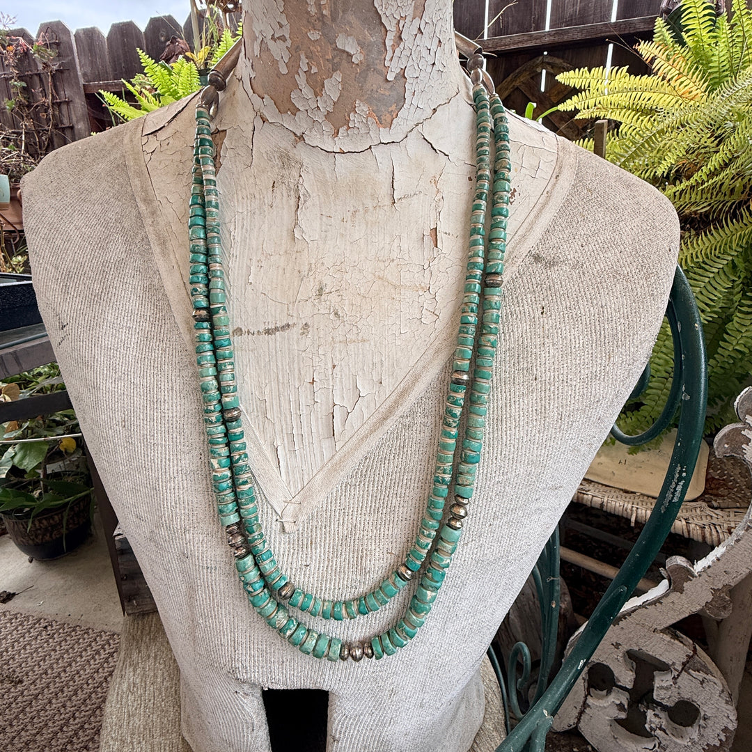 Vintage Double Strand Mint Turquoise Heishi Necklace Stamped Beads Native American