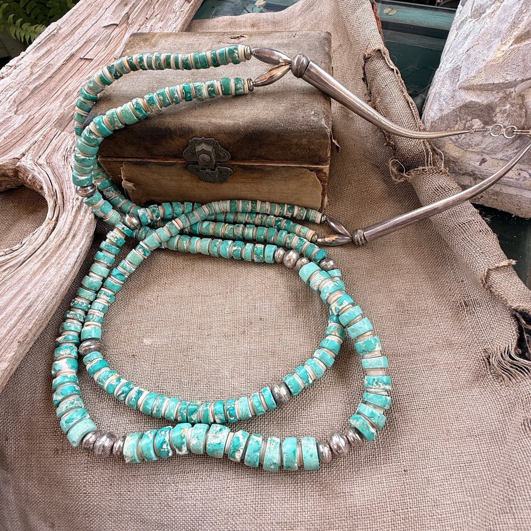Vintage Double Strand Mint Turquoise Heishi Necklace Stamped Beads Native American