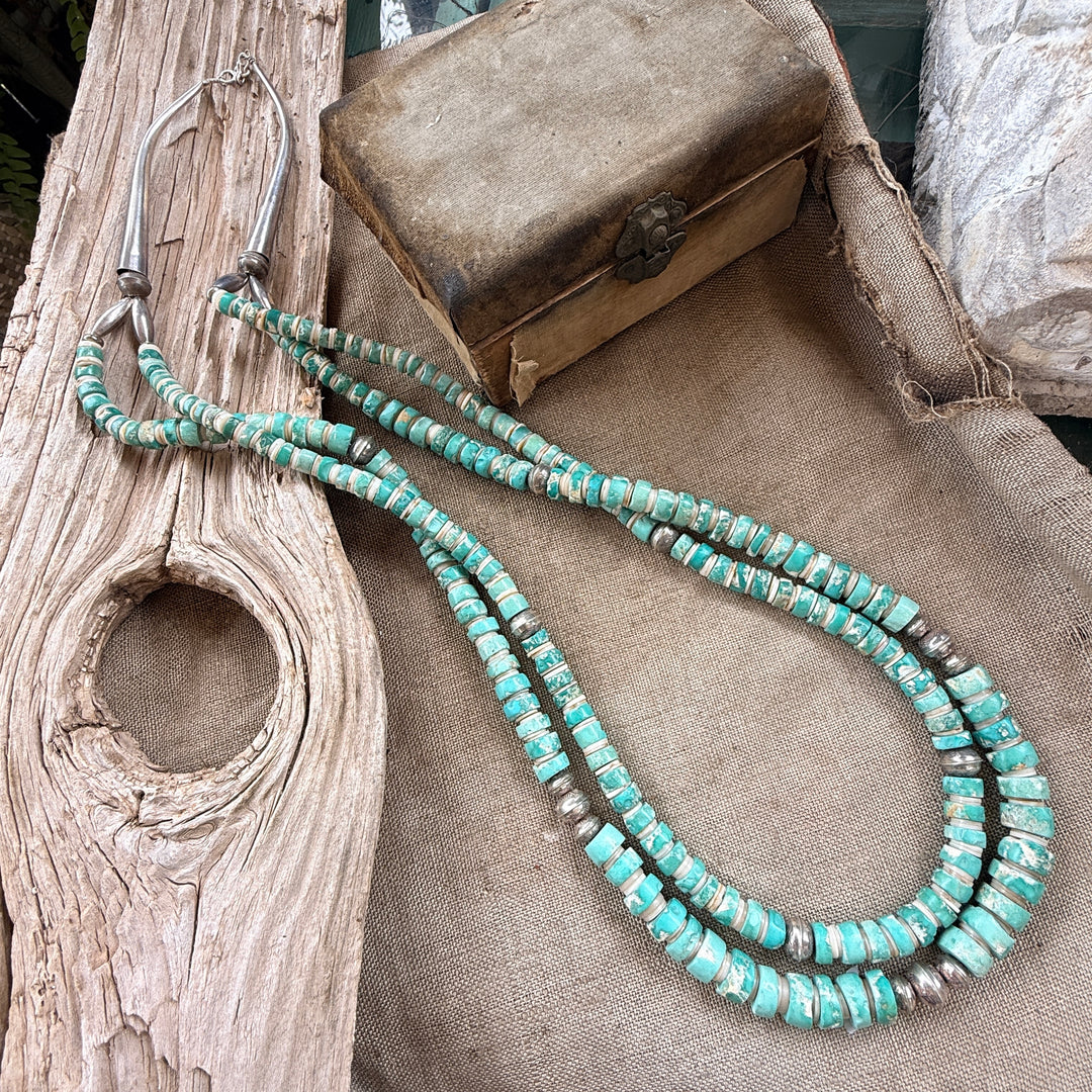 Vintage Double Strand Mint Turquoise Heishi Necklace Stamped Beads Native American