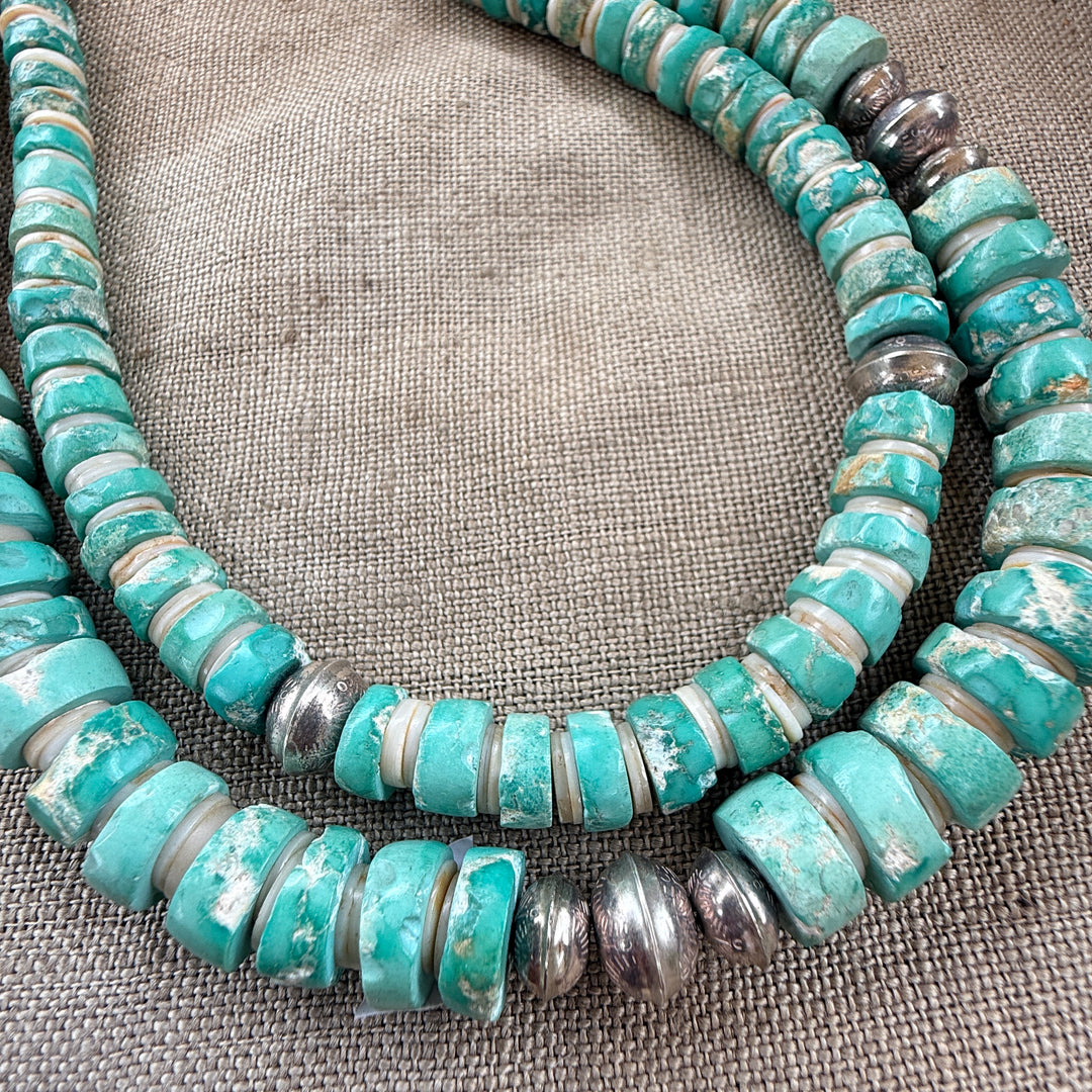 Vintage Double Strand Mint Turquoise Heishi Necklace Stamped Beads Native American