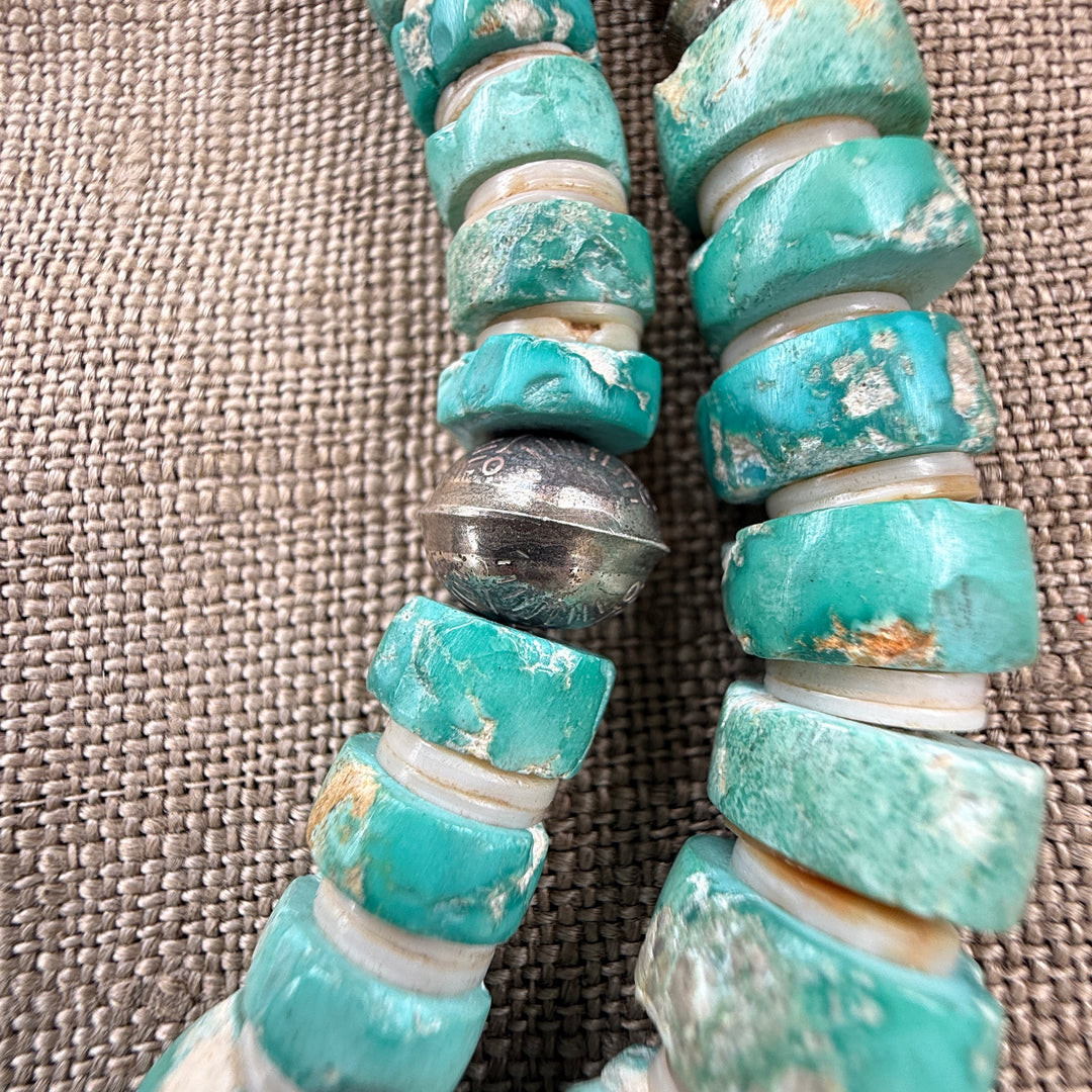 Vintage Double Strand Mint Turquoise Heishi Necklace Stamped Beads Native American