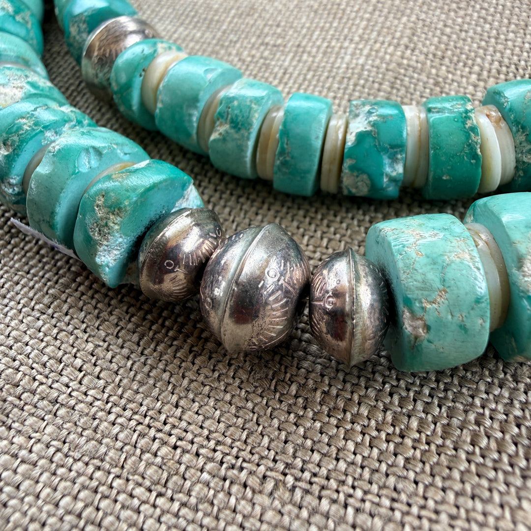 Vintage Double Strand Mint Turquoise Heishi Necklace Stamped Beads Native American