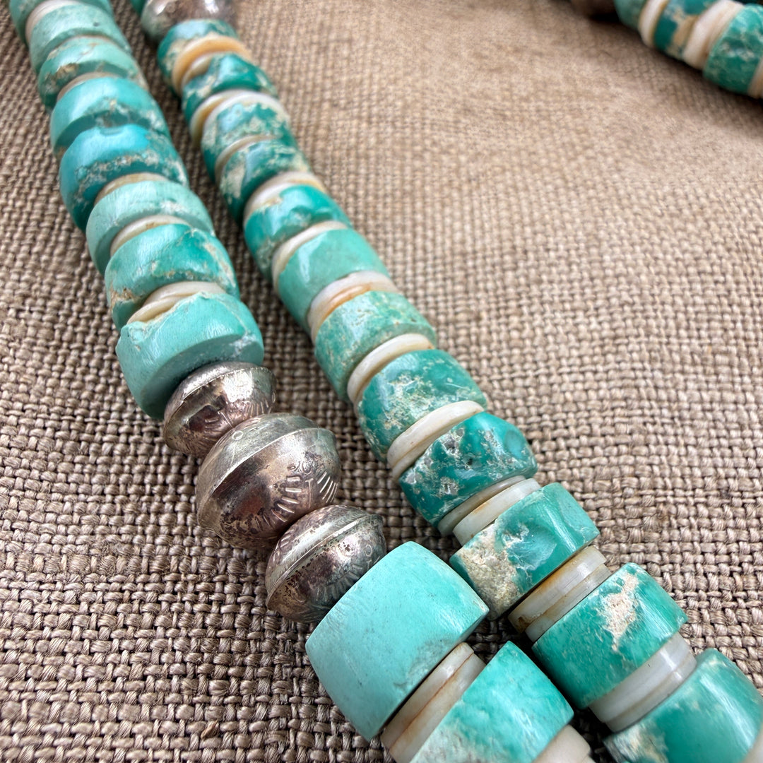 Vintage Double Strand Mint Turquoise Heishi Necklace Stamped Beads Native American