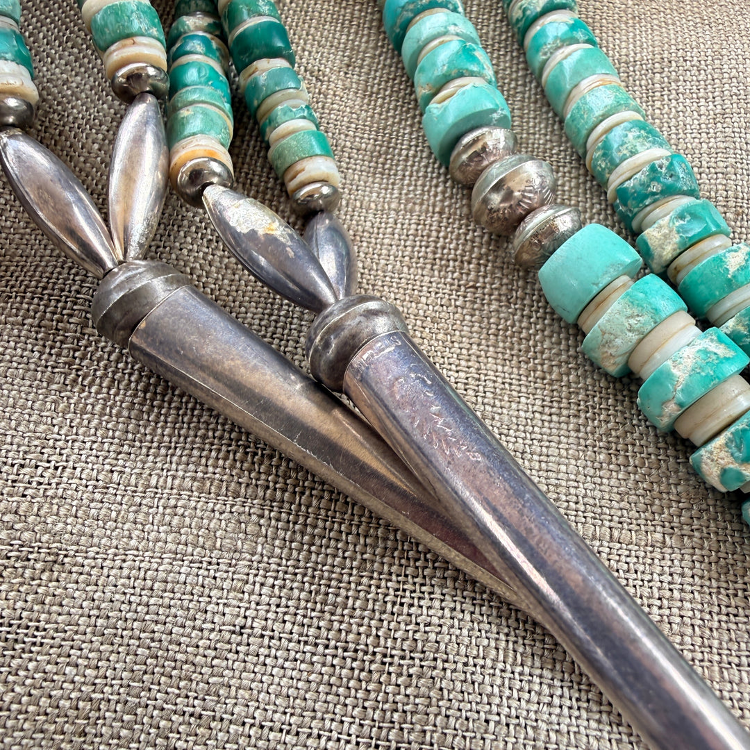 Vintage Double Strand Mint Turquoise Heishi Necklace Stamped Beads Native American