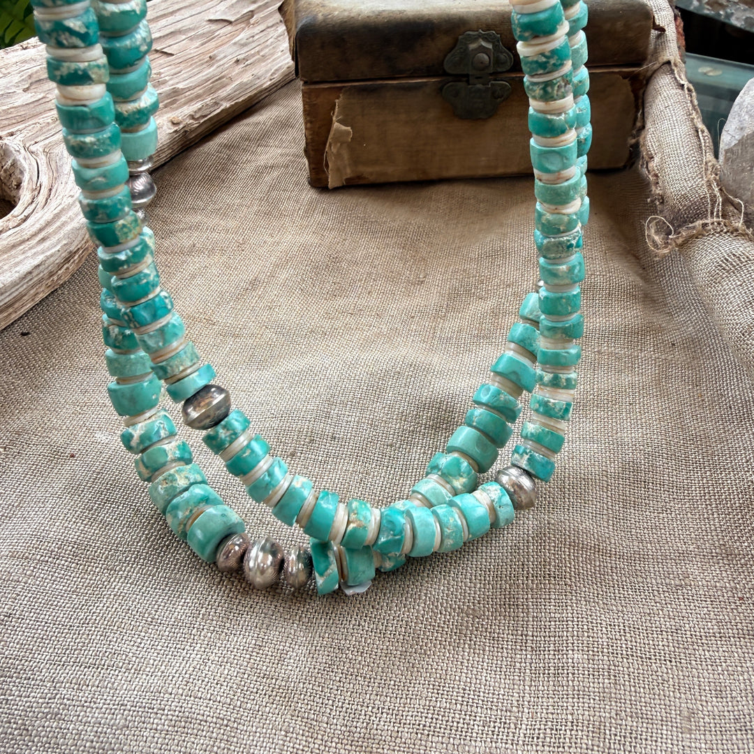 Vintage Double Strand Mint Turquoise Heishi Necklace Stamped Beads Native American
