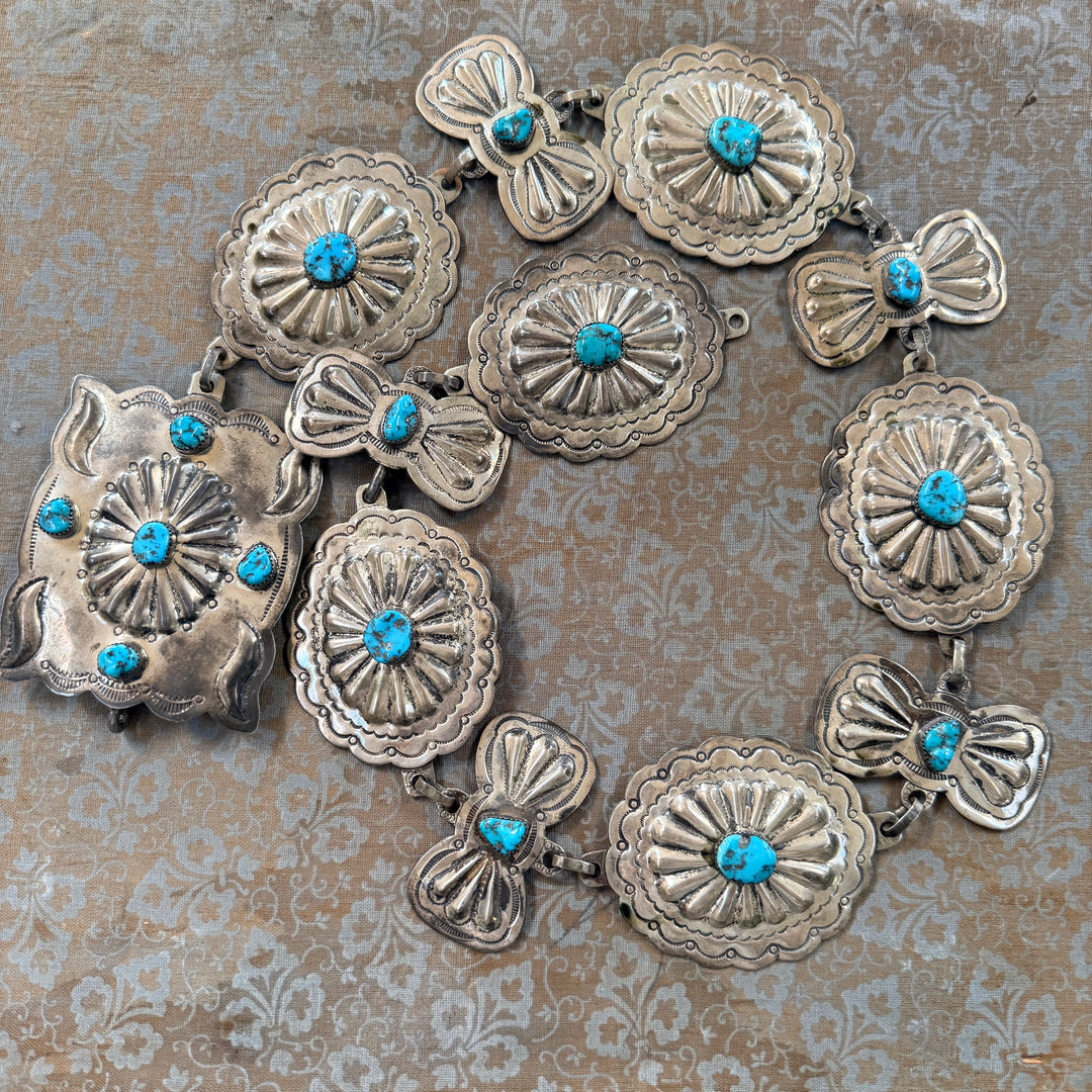 Vintage Heavy Solid Sterling Silver Navajo Concho Belt Turquoise Signed