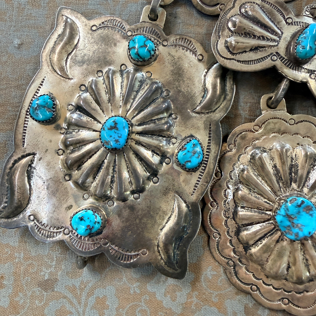 Vintage Heavy Solid Sterling Silver Navajo Concho Belt Turquoise Signed