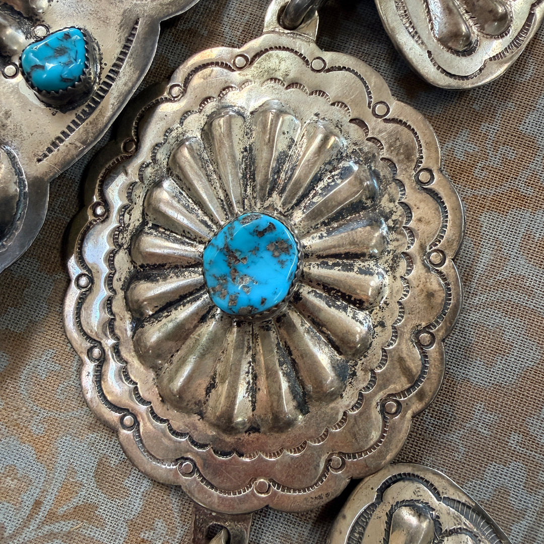 Vintage Heavy Solid Sterling Silver Navajo Concho Belt Turquoise Signed