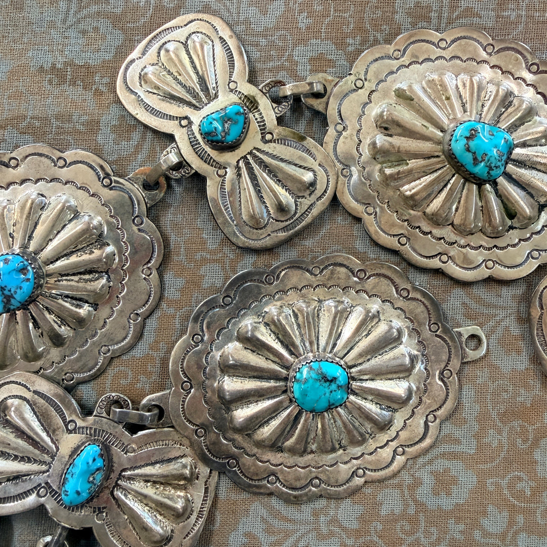 Vintage Heavy Solid Sterling Silver Navajo Concho Belt Turquoise Signed