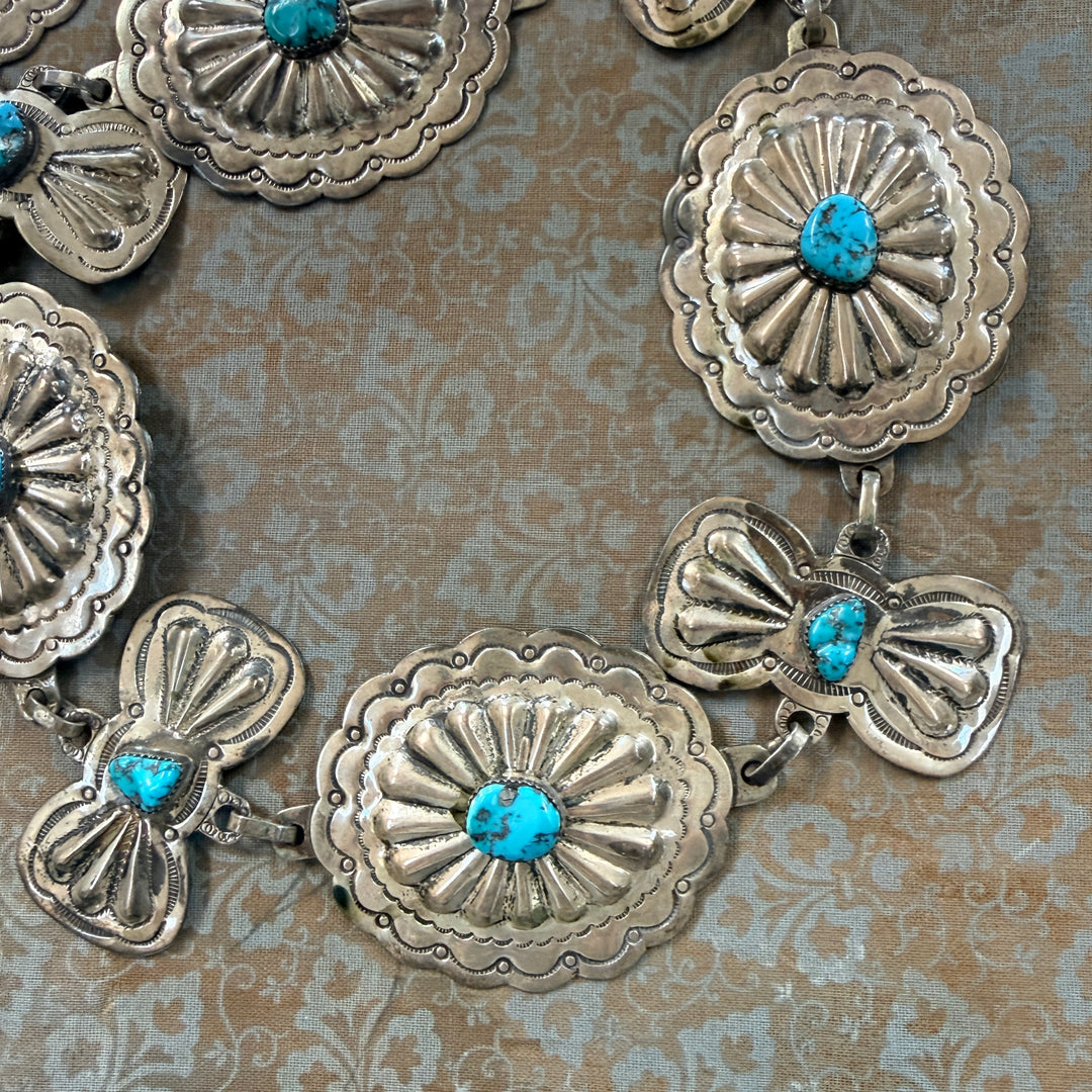 Vintage Heavy Solid Sterling Silver Navajo Concho Belt Turquoise Signed