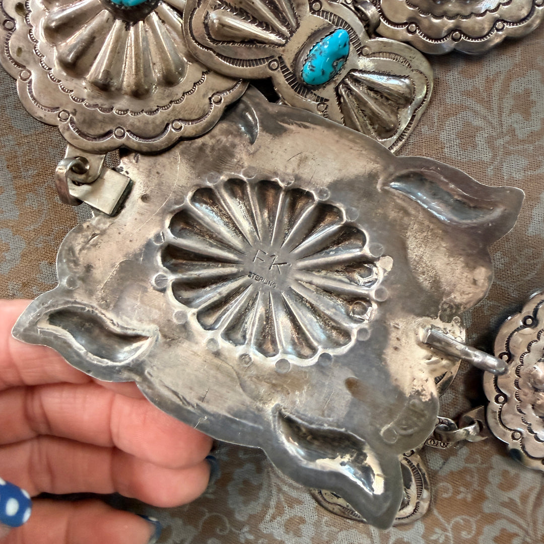 Vintage Heavy Solid Sterling Silver Navajo Concho Belt Turquoise Signed