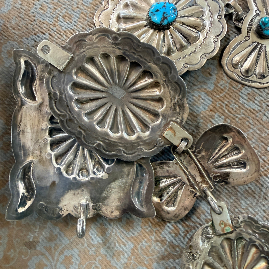 Vintage Heavy Solid Sterling Silver Navajo Concho Belt Turquoise Signed