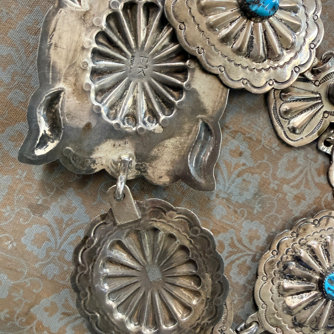 Vintage Heavy Solid Sterling Silver Navajo Concho Belt Turquoise Signed