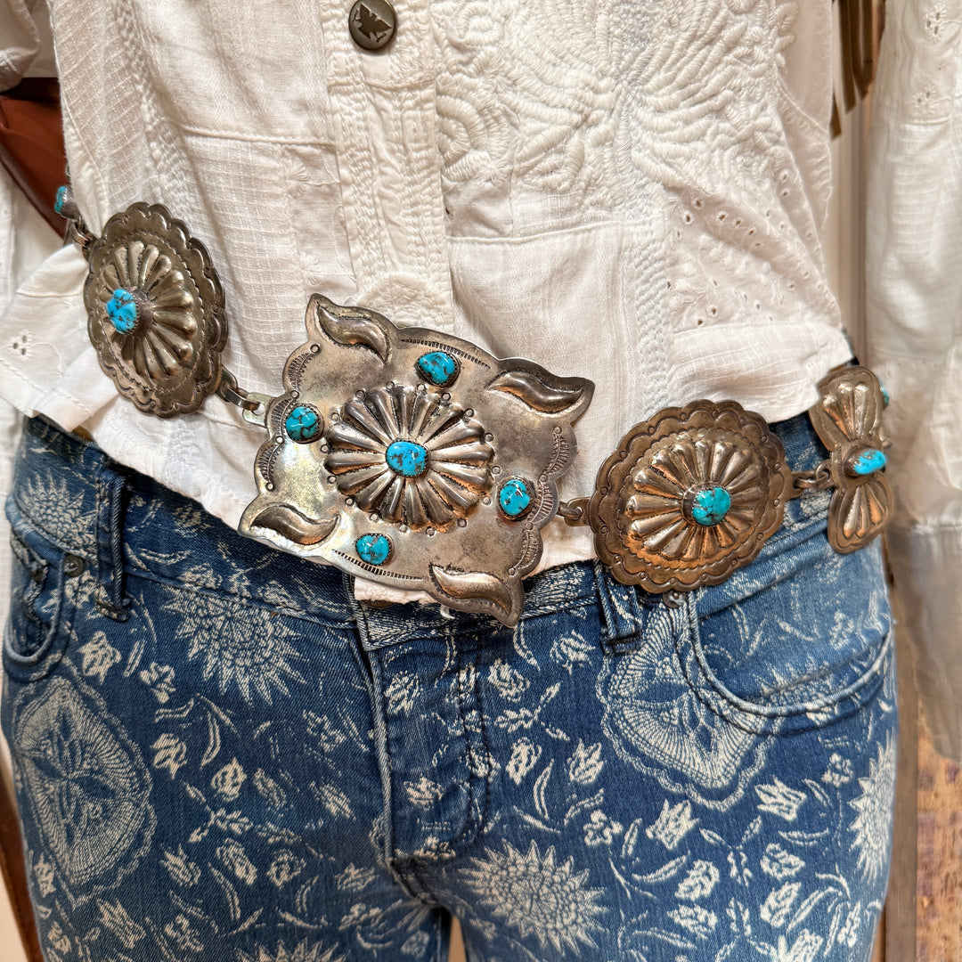 Vintage Heavy Solid Sterling Silver Navajo Concho Belt Turquoise Signed