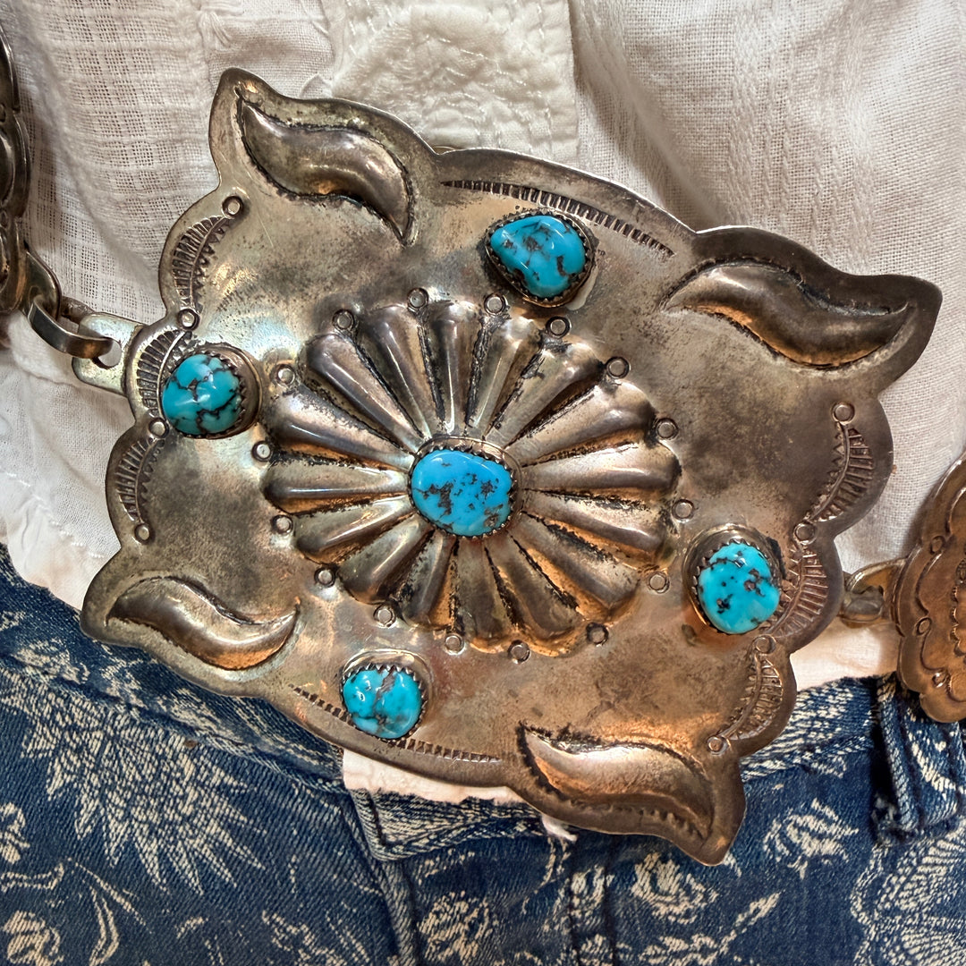 Vintage Heavy Solid Sterling Silver Navajo Concho Belt Turquoise Signed