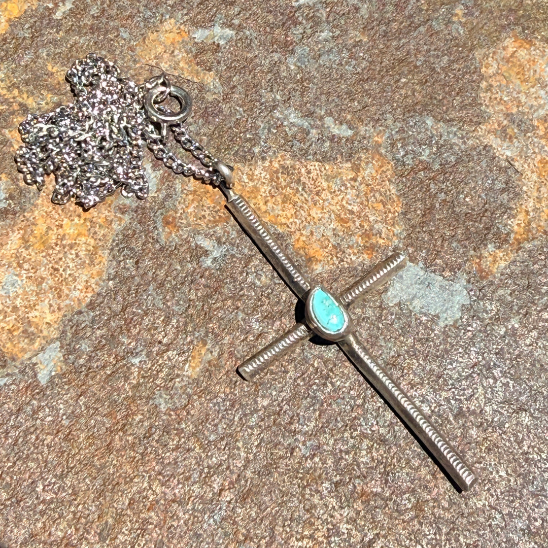 Vintage Navajo Sterling Silver Turquoise Cross Necklace