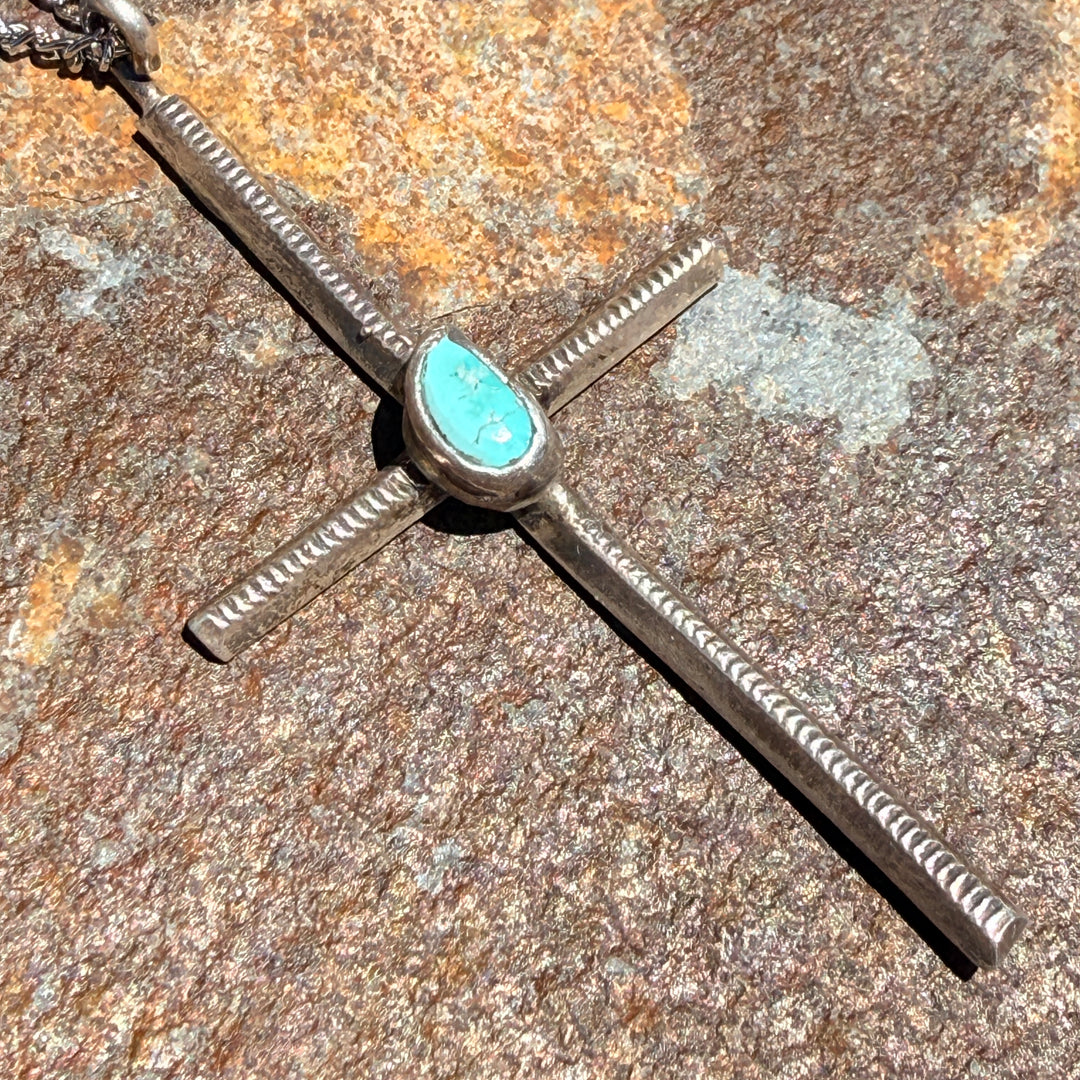 Vintage Navajo Sterling Silver Turquoise Cross Necklace