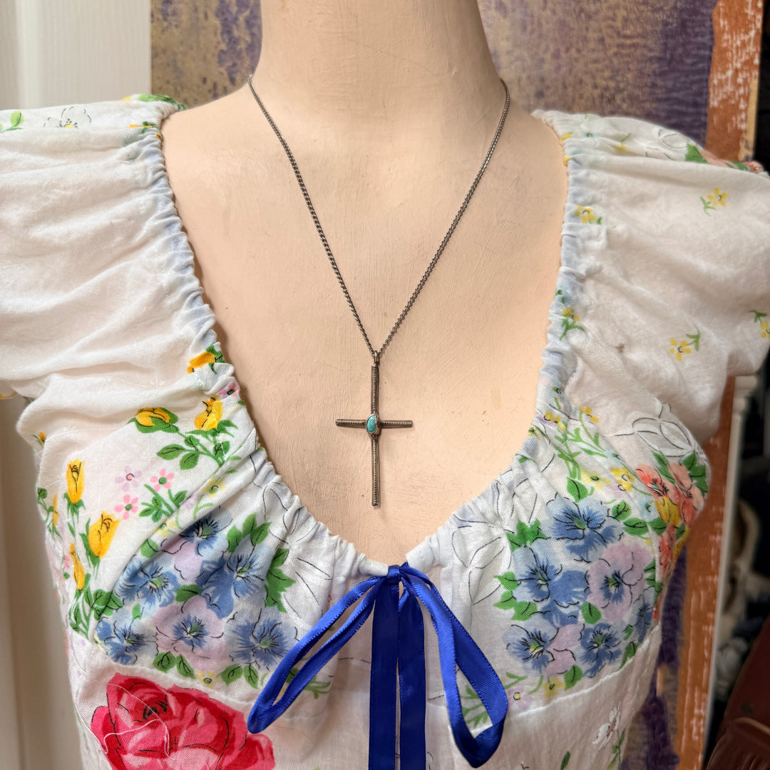 Vintage Navajo Sterling Silver Turquoise Cross Necklace