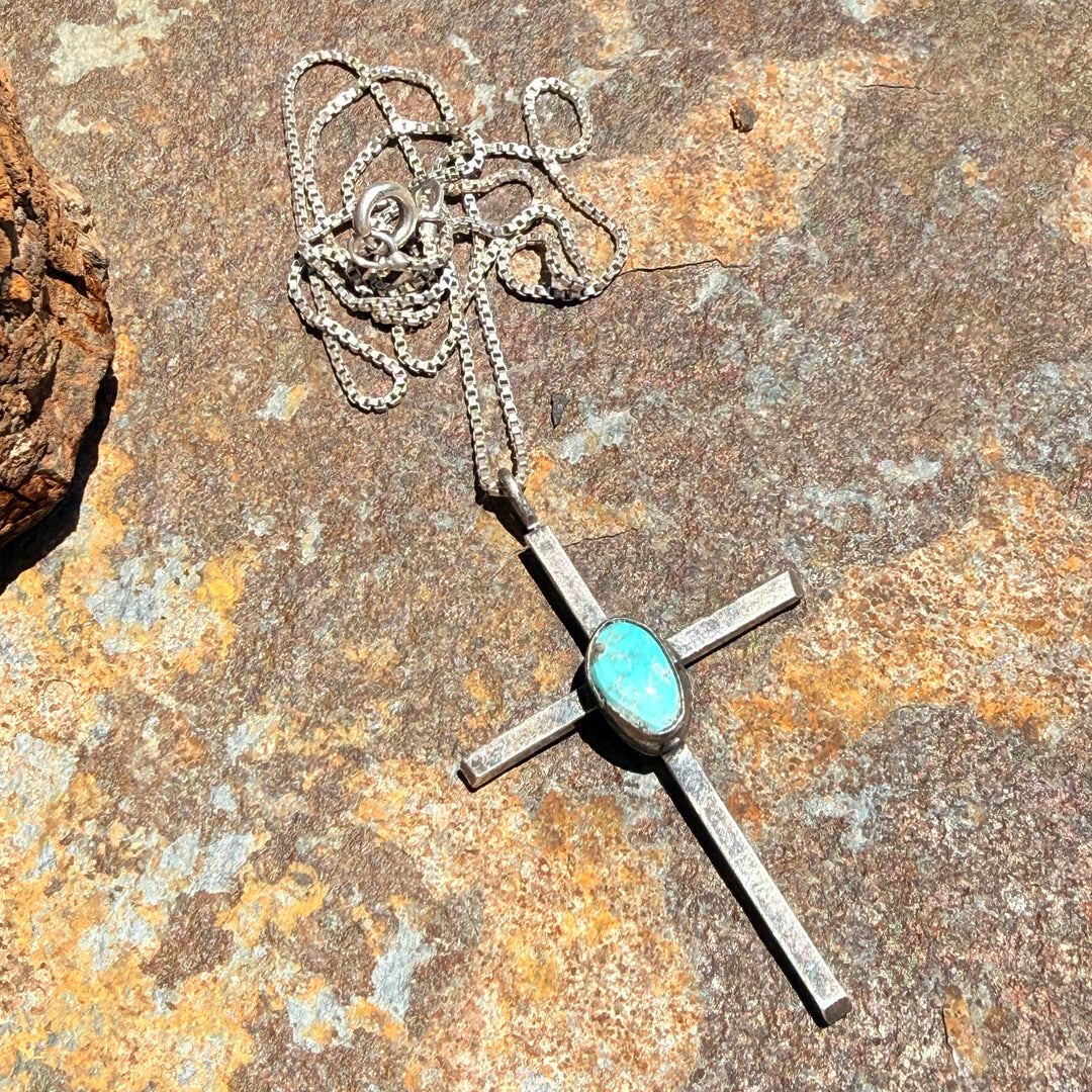 Vintage Navajo Sterling Silver Turquoise Cross Necklace