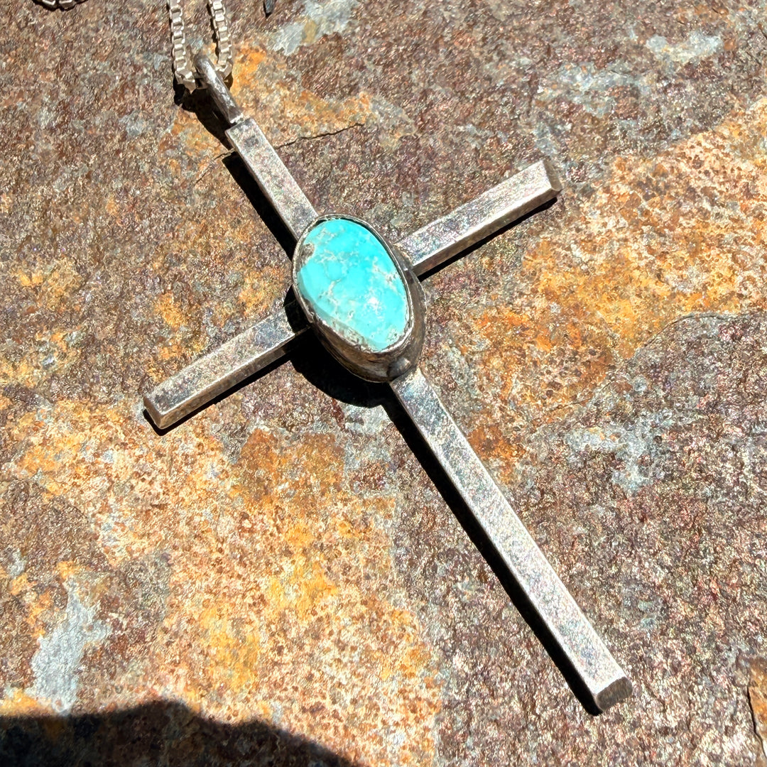 Vintage Navajo Sterling Silver Turquoise Cross Necklace