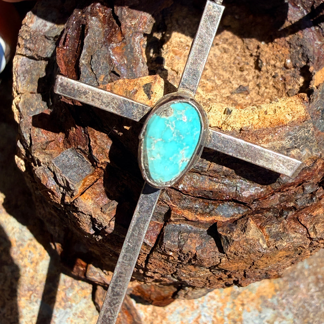Vintage Navajo Sterling Silver Turquoise Cross Necklace