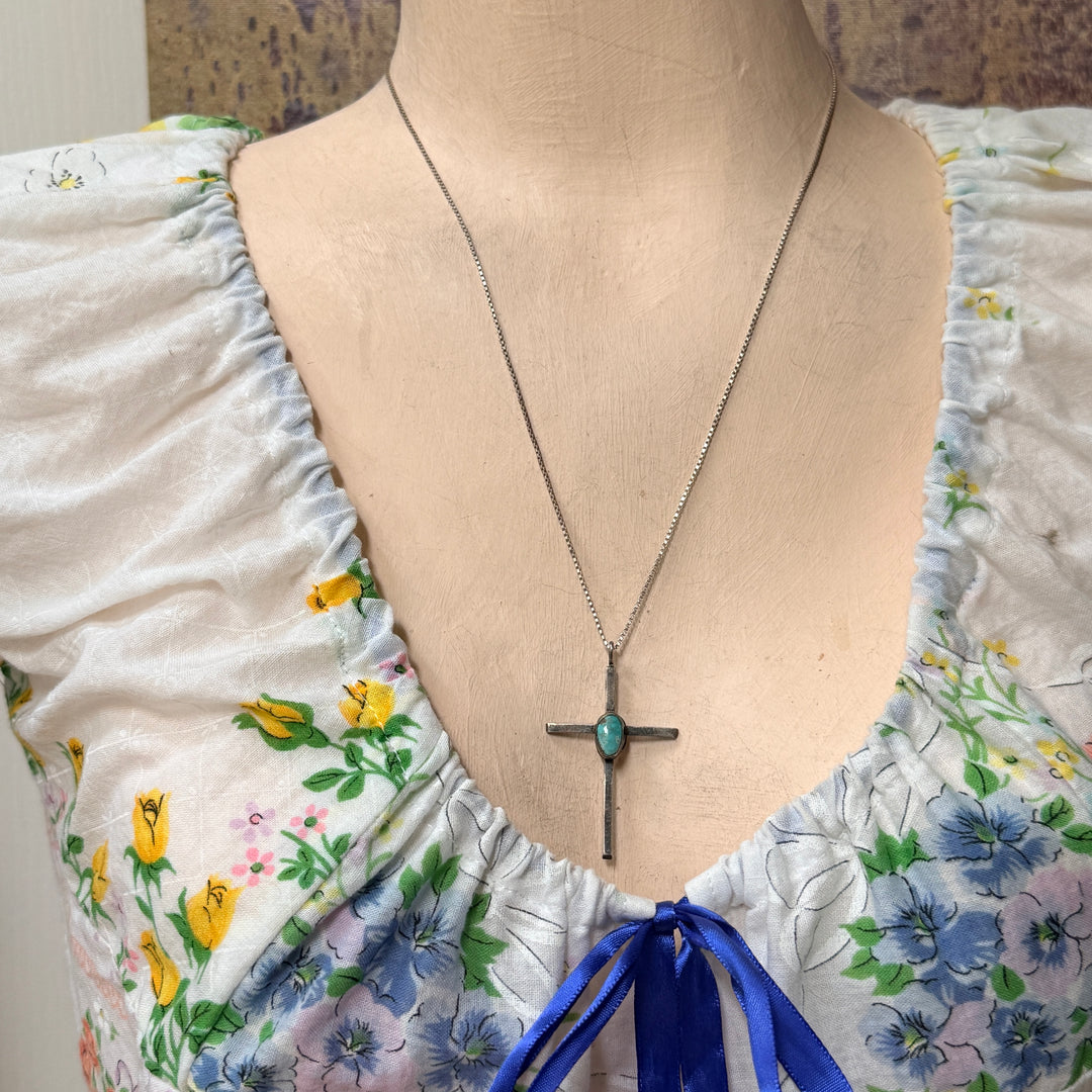 Vintage Navajo Sterling Silver Turquoise Cross Necklace