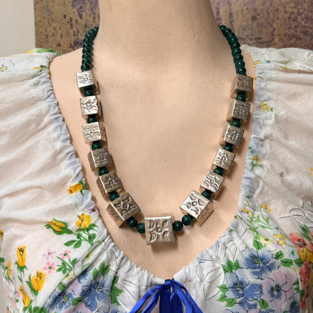 Vintage Navajo Sterling Silver Square Stamped Beads & Malachite Necklace