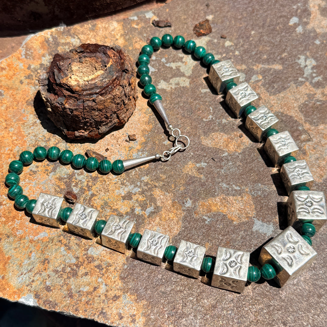 Vintage Navajo Sterling Silver Square Stamped Beads & Malachite Necklace