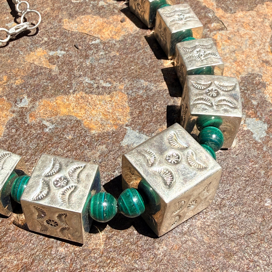 Vintage Navajo Sterling Silver Square Stamped Beads & Malachite Necklace