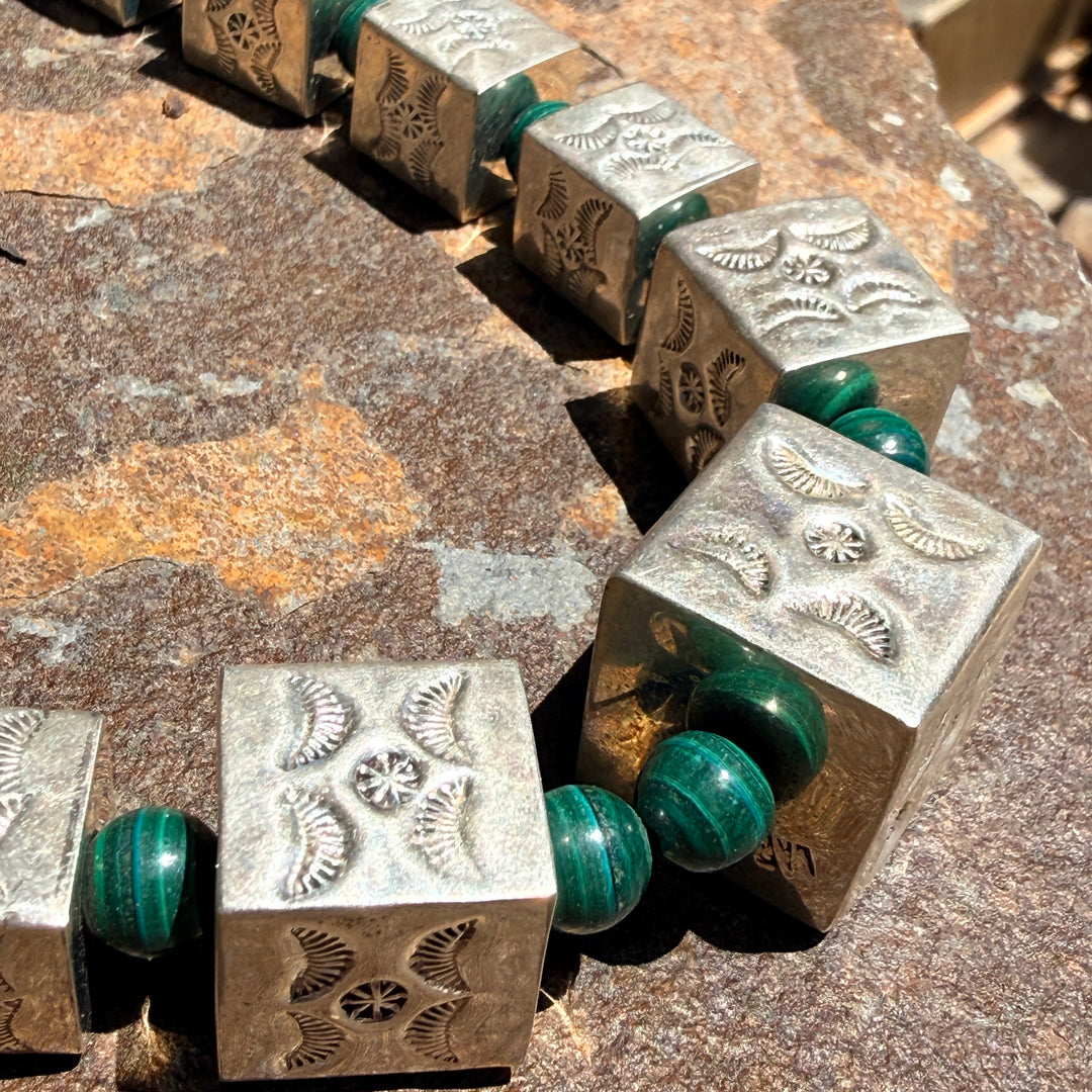 Vintage Navajo Sterling Silver Square Stamped Beads & Malachite Necklace