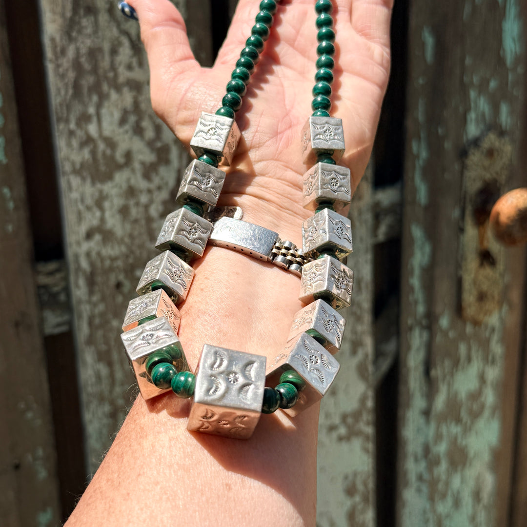 Vintage Navajo Sterling Silver Square Stamped Beads & Malachite Necklace