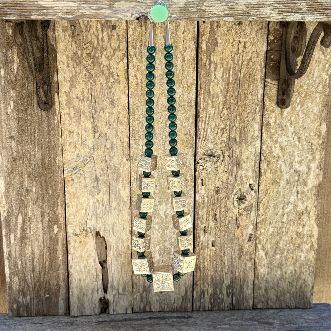 Vintage Navajo Sterling Silver Square Stamped Beads & Malachite Necklace