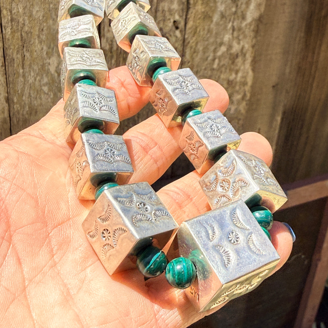 Vintage Navajo Sterling Silver Square Stamped Beads & Malachite Necklace